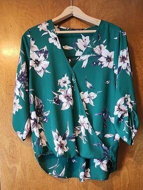 Jade green blouse with cream/navy florals